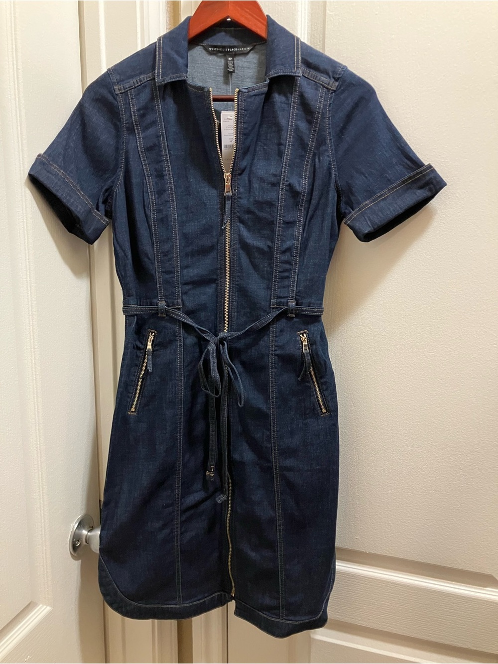 White House Black Market Dark Blue Denim Zip-Front Dress with Tie Waist